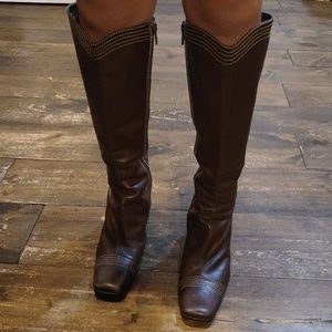 Dark brown below the knee heeled boots size 36.5